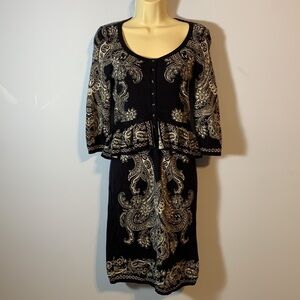 Anthropologie knitted and knotted Navy White paisley Patterned Sweater dress S